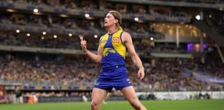 PERTH, AUSTRALIA - JULY 19: Harley Reid of the Eagles celebrates a goal during the round 19 AFL match between West Coast Eagles and Richmond Tigers at Optus Stadium on July 19, 2025 in Perth, Australia. (Photo by Janelle St Pierre/AFL Photos/via Getty Images)