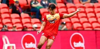 GOLD COAST, AUSTRALIA - JULY 26: Alex Davies of the Suns warms up ahead of the 2025 AFL Round 20 match between the Gold Coast Suns and the Brisbane Lions at People First Stadium on July 26, 2025 in the Gold Coast, Australia. (Photo by Russell Freeman/AFL Photos via Getty Images)