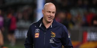 ADELAIDE , AUSTRALIA - AUGUST 16: Matthew Nicks, Senior Coach of the Crows during the 2025 AFL Round 23 match between the Adelaide Crows and the Collingwood Magpies at Adelaide Oval on August 16, 2025 in Adelaide, Australia. (Photo by James Elsby/AFL Photos via Getty Images)