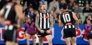 MELBOURNE, AUSTRALIA - AUGUST 22: Jordan De Goey of the Magpies celebrates a goal during the 2025 AFL Round 24 match between the Collingwood Magpies and the Melbourne Demons at the Melbourne Cricket Ground on August 22, 2025 in Melbourne, Australia. (Photo by Michael Willson/AFL Photos via Getty Images)