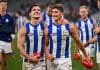 PERTH, AUSTRALIA - JUNE 08: Jy Simpkin and Harry Sheezel of the Kangaroos are happy with the win during the 2024 AFL Round 12 match between the West Coast Eagles and the North Melbourne Kangaroos at Optus Stadium on June 08, 2024 in Perth, Australia. (Photo by Daniel Carson/AFL Photos via Getty Images)