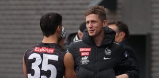 MELBOURNE, AUSTRALIA - JULY 31: Scott Selwood, Magpies assistant coach (R), chats with Nick Daicos of the Magpies during a Collingwood Magpies AFL training session at Olympic Park Oval on July 31, 2024 in Melbourne, Australia. (Photo by Daniel Pockett/Getty Images)