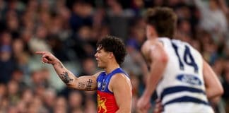 MELBOURNE, AUSTRALIA - SEPTEMBER 05: Cam Rayner of the Lions celebrates kicking a goal during the AFL Qualifying Final match between Geelong Cats and Brisbane Lions at Melbourne Cricket Ground on September 05, 2025 in Melbourne, Australia. (Photo by Daniel Pockett/Getty Images)