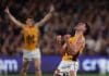 ADELAIDE, AUSTRALIA - SEPTEMBER 12: Jai Newcombe of the Hawks celebrates a goal during the AFL First Semi Final match between the Adelaide Crows and the Hawthorn Hawks at Adelaide Oval on September 12, 2025 in Adelaide, Australia. (Photo by Sarah Reed/AFL Photos via Getty Images)
