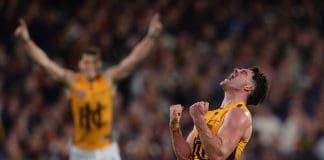ADELAIDE, AUSTRALIA - SEPTEMBER 12: Jai Newcombe of the Hawks celebrates a goal during the AFL First Semi Final match between the Adelaide Crows and the Hawthorn Hawks at Adelaide Oval on September 12, 2025 in Adelaide, Australia. (Photo by Sarah Reed/AFL Photos via Getty Images)