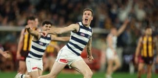 MELBOURNE, AUSTRALIA - SEPTEMBER 19: Jeremy Cameron of the Cats celebrates a goal during the AFL Preliminary Final match between Geelong Cats and Hawthorn Hawks at Melbourne Cricket Ground on September 19, 2025 in Melbourne, Australia. (Photo by Robert Cianflone/Getty Images)