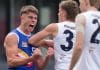 MELBOURNE, AUSTRALIA - SEPTEMBER 20: Sullivan Robey of the Eastern Ranges celebrates after scoring a goal during the Coates Talent League Boys Grand Final between Eastern Ranges and Sandringham Dragons at Ikon Park on September 20, 2025 in Melbourne, Australia. (Photo by Asanka Ratnayake/AFL Photos/via Getty Images)