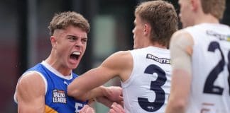 MELBOURNE, AUSTRALIA - SEPTEMBER 20: Sullivan Robey of the Eastern Ranges celebrates after scoring a goal during the Coates Talent League Boys Grand Final between Eastern Ranges and Sandringham Dragons at Ikon Park on September 20, 2025 in Melbourne, Australia. (Photo by Asanka Ratnayake/AFL Photos/via Getty Images)