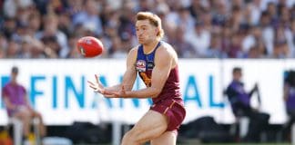 MELBOURNE, AUSTRALIA - SEPTEMBER 27: Harris Andrews of the Lions marks the ball during the AFL Grand Final match between the Geelong Cats and the Brisbane Lions at the Melbourne Cricket Ground on September 27, 2025 in Melbourne, Australia. (Photo by Michael Willson/AFL Photos via Getty Images)