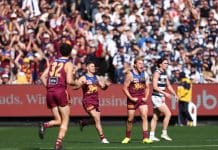MELBOURNE, AUSTRALIA - SEPTEMBER 27: Levi Ashcroft of the Lions celebrates a goal during the AFL Grand Final match between the Geelong Cats and the Brisbane Lions at the Melbourne Cricket Ground on September 27, 2025 in Melbourne, Australia. (Photo by James Wiltshire/AFL Photos via Getty Images)