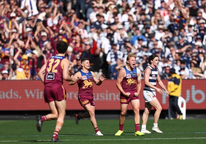 MELBOURNE, AUSTRALIA - SEPTEMBER 27: Levi Ashcroft of the Lions celebrates a goal during the AFL Grand Final match between the Geelong Cats and the Brisbane Lions at the Melbourne Cricket Ground on September 27, 2025 in Melbourne, Australia. (Photo by James Wiltshire/AFL Photos via Getty Images)