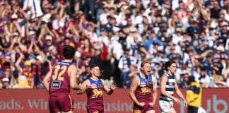 MELBOURNE, AUSTRALIA - SEPTEMBER 27: Levi Ashcroft of the Lions celebrates a goal during the AFL Grand Final match between the Geelong Cats and the Brisbane Lions at the Melbourne Cricket Ground on September 27, 2025 in Melbourne, Australia. (Photo by James Wiltshire/AFL Photos via Getty Images)