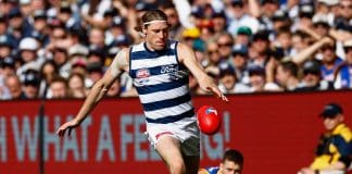 MELBOURNE, AUSTRALIA - SEPTEMBER 27: Mark Blicavs of the Cats in action during the AFL Grand Final match between the Geelong Cats and the Brisbane Lions at the Melbourne Cricket Ground on September 27, 2025 in Melbourne, Australia. (Photo by Russell Freeman/AFL Photos via Getty Images)