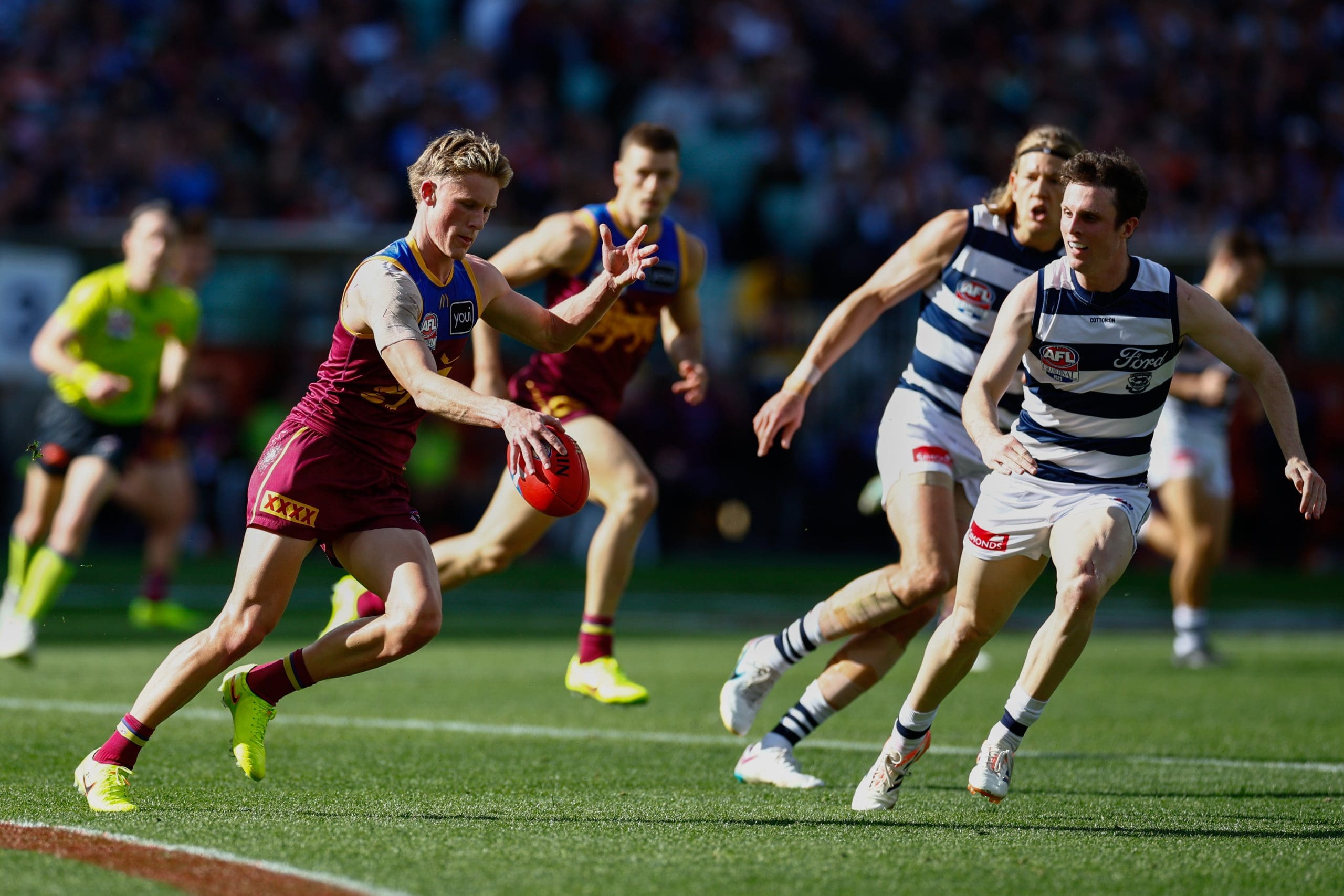 MELBOURNE, AUSTRALIA - SEPTEMBER 27: Jaspa Fletcher of the Lions in action during the AFL Grand Final match between the Geelong Cats and the Brisbane Lions at the Melbourne Cricket Ground on September 27, 2025 in Melbourne, Australia. (Photo by Russell Freeman/AFL Photos via Getty Images)