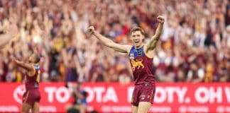 MELBOURNE, AUSTRALIA - SEPTEMBER 27: Harris Andrews of the Lions celebrates after the Lions defeated the Cats during the AFL Grand Final match between Geelong Cats and Brisbane Lions at Melbourne Cricket Ground on September 27, 2025 in Melbourne, Australia. (Photo by Robert Cianflone/AFL Photos/via Getty Images)