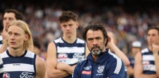 MELBOURNE, AUSTRALIA - SEPTEMBER 27: Cats coach Chris Scott looks on after the Cats were defeated by the Lions during the AFL Grand Final match between Geelong Cats and Brisbane Lions at Melbourne Cricket Ground on September 27, 2025 in Melbourne, Australia. (Photo by Robert Cianflone/AFL Photos/via Getty Images)