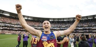 MELBOURNE, AUSTRALIA - SEPTEMBER 27: Oscar McInerney of the Lions celebrates during the AFL Grand Final match between Geelong Cats and Brisbane Lions at Melbourne Cricket Ground on September 27, 2025 in Melbourne, Australia. (Photo by Darrian Traynor/Getty Images)