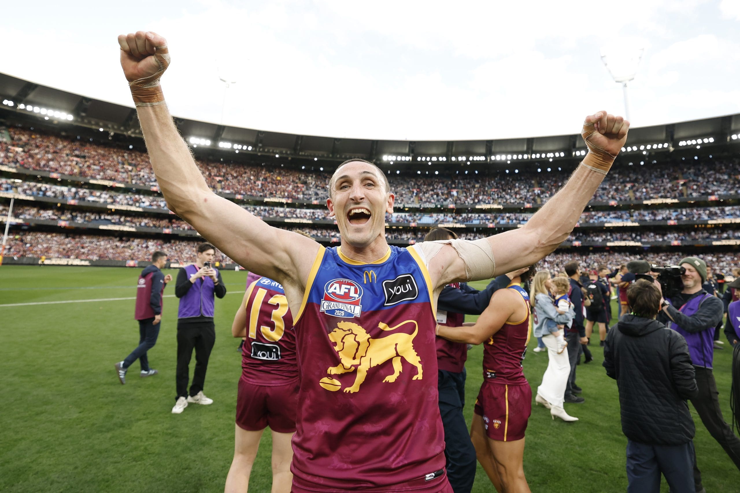 MELBOURNE, AUSTRALIA - SEPTEMBER 27: Oscar McInerney of the Lions celebrates during the AFL Grand Final match between Geelong Cats and Brisbane Lions at Melbourne Cricket Ground on September 27, 2025 in Melbourne, Australia. (Photo by Darrian Traynor/Getty Images)