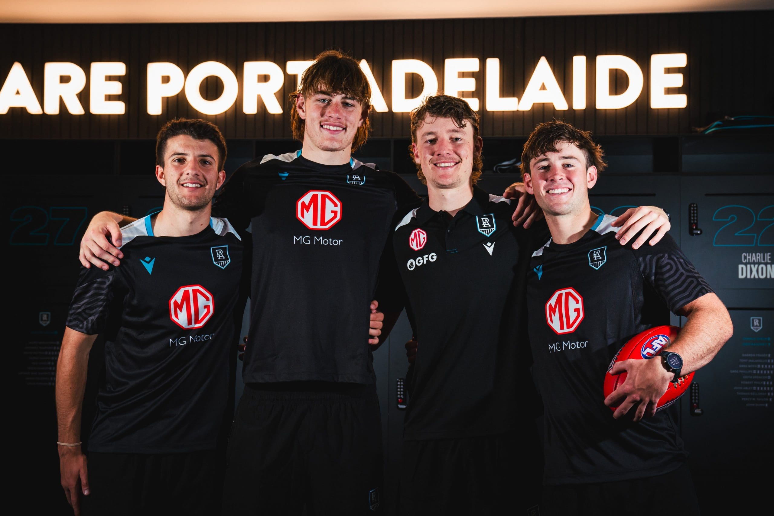 Port Adelaide's 2023 draftees Tom Anastasopoulos, Xavier Walsh, Will Lorenz and Lachie Charleson (Image via Port Adelaide FC)