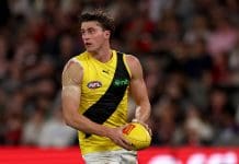 MELBOURNE, AUSTRALIA - MARCH 29: Jacob Blight of the Tigers in action during the round three AFL match between St Kilda Saints and Richmond Tigers at Marvel Stadium, on March 29, 2025, in Melbourne, Australia. (Photo by Jonathan DiMaggio/Getty Images)