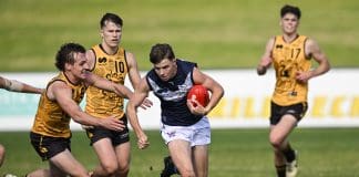 PERTH, AUSTRALIA - JULY 06: Rory Wright of Victoria Metro in action during the Marsh AFL National Championships U18 Boys match between Western Australia and Victoria Metro at The Good Grocer Park, on July 06, 2025, in Perth, Australia. (Photo by Stefan Gosatti/AFL Photos/via Getty Images)
