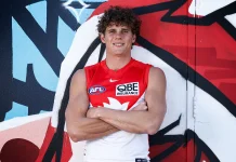 MELBOURNE, AUSTRALIA - OCTOBER 16: Charlie Curnow poses after being traded to Sydney during a Sydney Swans media opportunity in South Melbourne on October 16, 2025 in Melbourne, Australia. (Photo by Michael Willson/AFL Photos via Getty Images)