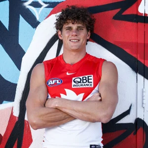 MELBOURNE, AUSTRALIA - OCTOBER 16: Charlie Curnow poses after being traded to Sydney during a Sydney Swans media opportunity in South Melbourne on October 16, 2025 in Melbourne, Australia. (Photo by Michael Willson/AFL Photos via Getty Images)