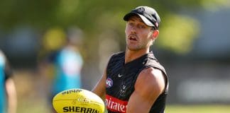 MELBOURNE, AUSTRALIA - MARCH 05: Harry Perryman of the Magpies trains during a Collingwood Magpies AFL training session at Olympic Park Oval on March 05, 2025 in Melbourne, Australia. (Photo by Morgan Hancock/Getty Images)