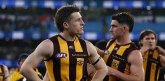 MELBOURNE, AUSTRALIA - SEPTEMBER 19: Josh Ward of the Hawks looks dejected after a loss during the AFL Second Preliminary Final match between the Geelong Cats and the Hawthorn Hawks at the Melbourne Cricket Ground on September 19, 2025 in Melbourne, Australia. (Photo by Michael Willson/AFL Photos via Getty Images)