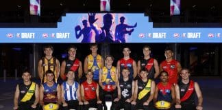 MELBOURNE, AUSTRALIA - NOVEMBER 19: First round picks (Top Row L-R) Cameron Nairn of the Hawks, Sullivan Robey of the Bombers, Cooper Duff-Tytler of the Eagles, Xavier Taylor of the Demons, Jacob Farrow of the Bombers, Dylan Patterson of the Suns, Willem Duursma of the Eagles (C) (Bottom Row L-R) Sam Grlj of the Tigers, Daniel Annable of the Lions, Lachy Dovaston of the Kangaroos, Zeke Uwland of the Suns, Harry Dean of the Blues, Sam Cumming of the Tigers, Latrelle Pickett of the Demons and Dyson Sharp of the Bombers pose during the 2025 Telstra AFL Draft at Marvel Stadium on November 19th, 2025 in Melbourne, Australia. (Photo by Michael Willson/AFL Photos via Getty Images)