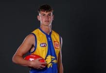 MELBOURNE, AUSTRALIA - NOVEMBER 19: Cooper Duff-Tytler poses after being selected by the Eagles as part of the 2025 Telstra AFL Draft at Marvel Stadium on November 19, 2025 in Melbourne, Australia. (Photo by Morgan Hancock/Getty Images)