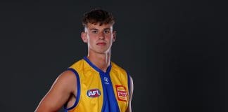MELBOURNE, AUSTRALIA - NOVEMBER 19: Cooper Duff-Tytler poses after being selected by the Eagles as part of the 2025 Telstra AFL Draft at Marvel Stadium on November 19, 2025 in Melbourne, Australia. (Photo by Morgan Hancock/Getty Images)