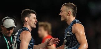 MELBOURNE, AUSTRALIA - MAY 20: Patrick Cripps of the Blues celebrates with Sam Walsh of the Blues after the Blues defeated the Swans during the round 10 AFL match between the Carlton Blues and the Sydney Swans at Marvel Stadium on May 20, 2022 in Melbourne, Australia. (Photo by Robert Cianflone/Getty Images)