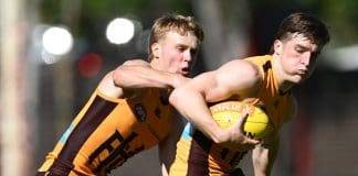 MELBOURNE, AUSTRALIA - MARCH 18: Josh Ward of the Hawks is tackled by Cam Mackenzie of the Hawks during a Hawthorn Hawks AFL training session at Waverley Park on March 18, 2025 in Melbourne, Australia. (Photo by Quinn Rooney/Getty Images)