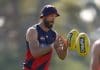 MELBOURNE, AUSTRALIA - APRIL 10: Max Gawn of the Demons takes the ball during a Melbourne Demons AFL training session at Casey Fields on April 10, 2025 in Melbourne, Australia. (Photo by Robert Cianflone/Getty Images)