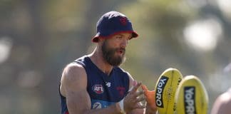 MELBOURNE, AUSTRALIA - APRIL 10: Max Gawn of the Demons takes the ball during a Melbourne Demons AFL training session at Casey Fields on April 10, 2025 in Melbourne, Australia. (Photo by Robert Cianflone/Getty Images)