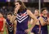 PERTH, AUSTRALIA - SEPTEMBER 06: Alex Pearce of the Dockers looks dejected during the AFL Elimination Final match between Fremantle Dockers and Gold Coast Suns at Optus Stadium on September 06, 2025 in Perth, Australia. (Photo by Janelle St Pierre/AFL Photos/via Getty Images)