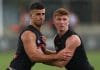 MELBOURNE, AUSTRALIA - DECEMBER 01: Nick Daicos and Tyan Prindable of the Magpies compete during a Collingwood Magpies training session at Olympic Park on December 01, 2025 in Melbourne, Australia. (Photo by Daniel Pockett/Getty Images)
