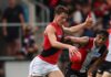 BALLARAT, AUSTRALIA - FEBRUARY 28: Max Kondogiannis of the Bombers kicks the ball during the 2026 AFL AAMI Community Series match between the St Kilda Saints and the Essendon Bombers at Mars Stadium on February 28, 2026 in Ballarat, Australia. (Photo by James Wiltshire/AFL Photos via Getty Images)