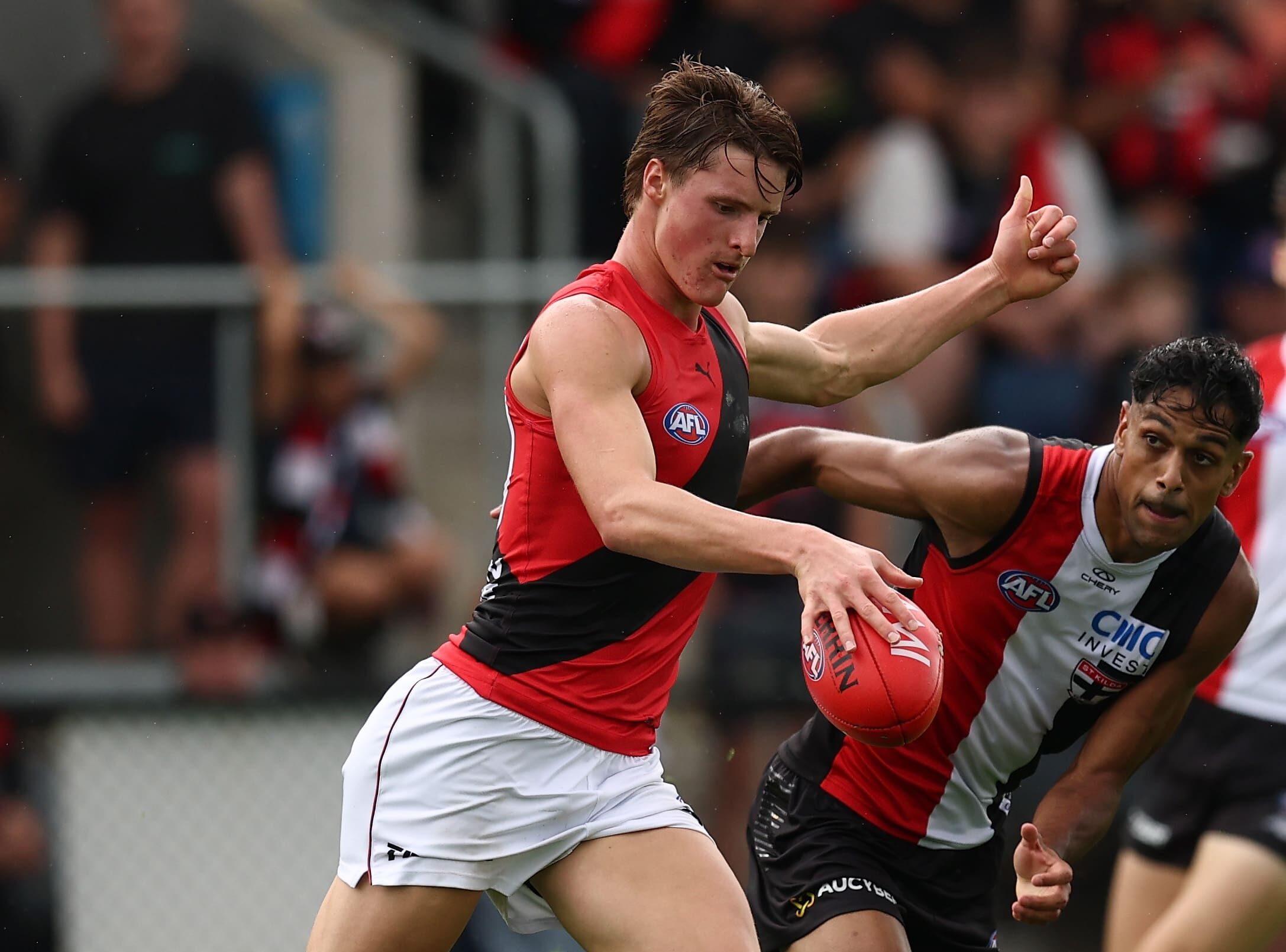 BALLARAT, AUSTRALIA - FEBRUARY 28: Max Kondogiannis of the Bombers kicks the ball during the 2026 AFL AAMI Community Series match between the St Kilda Saints and the Essendon Bombers at Mars Stadium on February 28, 2026 in Ballarat, Australia. (Photo by James Wiltshire/AFL Photos via Getty Images)