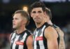 MELBOURNE, AUSTRALIA - MARCH 14: Scott Pendlebury of the Magpies looks dejected after a loss during the 2026 AFL Round 01 match between the Collingwood Magpies and the Adelaide Crows at the Melbourne Cricket Ground on March 14, 2026 in Melbourne, Australia. (Photo by Michael Willson/AFL Photos via Getty Images)