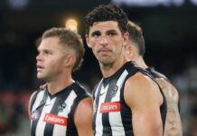 MELBOURNE, AUSTRALIA - MARCH 14: Scott Pendlebury of the Magpies looks dejected after a loss during the 2026 AFL Round 01 match between the Collingwood Magpies and the Adelaide Crows at the Melbourne Cricket Ground on March 14, 2026 in Melbourne, Australia. (Photo by Michael Willson/AFL Photos via Getty Images)