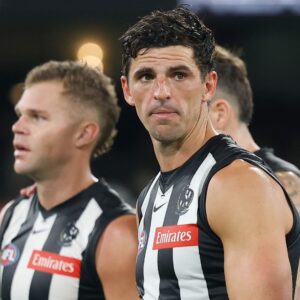 MELBOURNE, AUSTRALIA - MARCH 14: Scott Pendlebury of the Magpies looks dejected after a loss during the 2026 AFL Round 01 match between the Collingwood Magpies and the Adelaide Crows at the Melbourne Cricket Ground on March 14, 2026 in Melbourne, Australia. (Photo by Michael Willson/AFL Photos via Getty Images)
