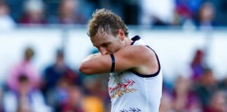 Adelaide skipper makes call on Showdown selection BRISBANE, AUSTRALIA - APRIL 26: Jordan Dawson of the Crows celebrates a goal during the 2026 AFL Round 07 match between the Brisbane Lions and the Adelaide Crows at the Gabba on April 26, 2026 in Brisbane, Australia. (Photo by Russell Freeman/AFL Photos via Getty Images)