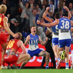 MELBOURNE, AUSTRALIA - MAY 23: Cameron Zurhaar of the Kangaroos celebrates kicking a goal to win the round 11 AFL match between North Melbourne Kangaroos and Gold Coast Suns at Marvel Stadium, on May 23, 2026, in Melbourne, Australia. (Photo by Daniel Pockett/Getty Images)