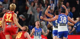 Yeehaw Zurharr: North Melbourne completes miracle comeback MELBOURNE, AUSTRALIA - MAY 23: Cameron Zurhaar of the Kangaroos celebrates kicking a goal to win the round 11 AFL match between North Melbourne Kangaroos and Gold Coast Suns at Marvel Stadium, on May 23, 2026, in Melbourne, Australia. (Photo by Daniel Pockett/Getty Images)