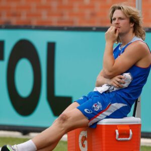 MELBOURNE, AUSTRALIA - JANUARY 16: Cody Weightman looks on during the Western Bulldogs training session at Whitten Oval on January 16, 2026 in Melbourne, Australia. (Photo by Michael Willson/AFL Photos via Getty Images)