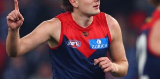 MELBOURNE, AUSTRALIA - JULY 18: Matthew Jefferson of the Demons celebrates kicking a goal during the round 19 AFL match between North Melbourne Kangaroos and Melbourne Demons at Marvel Stadium, on July 18, 2026, in Melbourne, Australia. (Photo by Daniel Pockett/Getty Images)