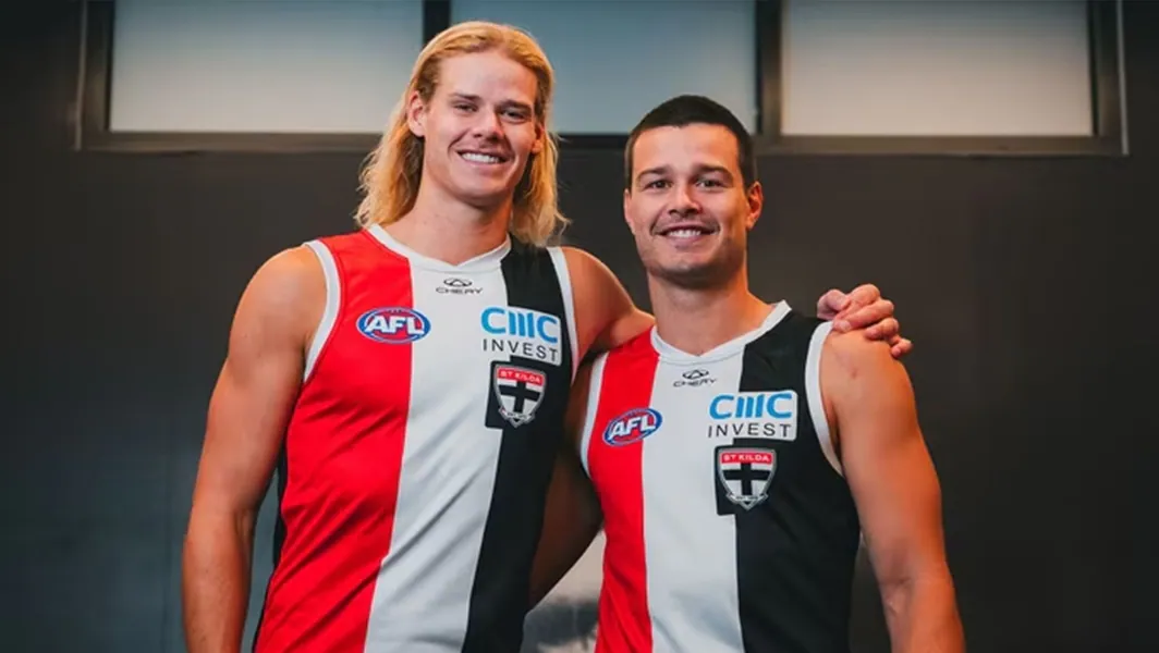 Tom De Koning and Jack Silvagni after joining St Kilda in 2025. Picture: St Kilda FC