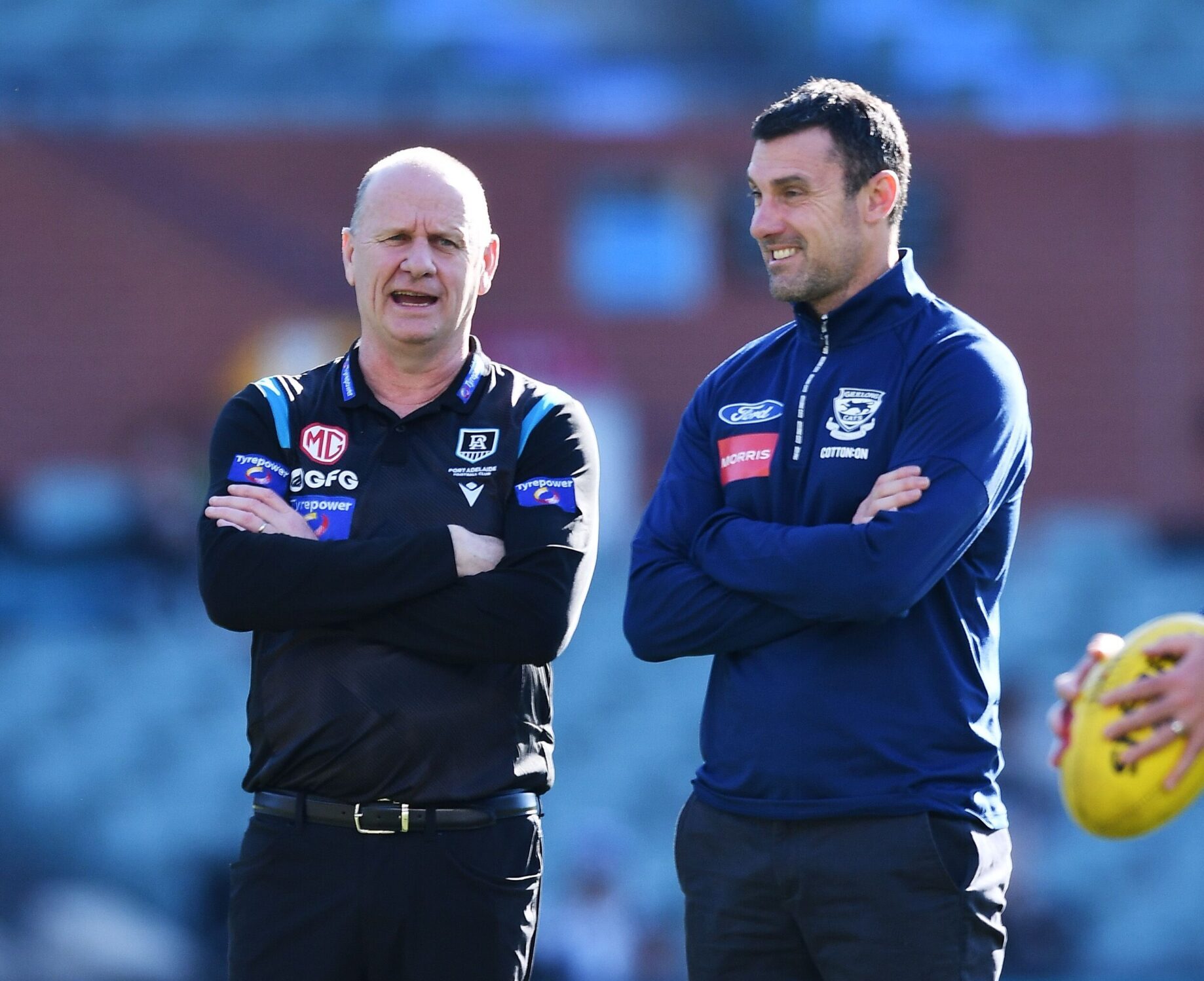 Ken Hinkley speaks with Nigel Lappin ahead of Port Adelaide's clash against the Geelong Cats at Adelaide Oval in 2022. Credit: Tasmania